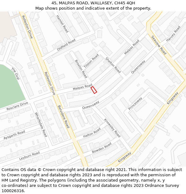 45, MALPAS ROAD, WALLASEY, CH45 4QH: Location map and indicative extent of plot