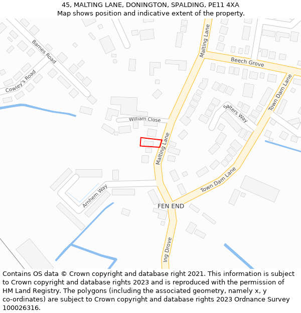 45, MALTING LANE, DONINGTON, SPALDING, PE11 4XA: Location map and indicative extent of plot