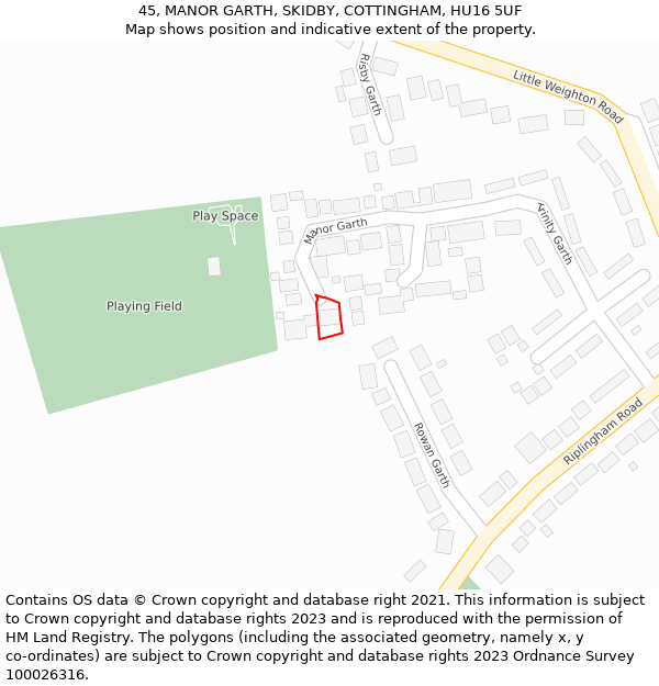 45, MANOR GARTH, SKIDBY, COTTINGHAM, HU16 5UF: Location map and indicative extent of plot