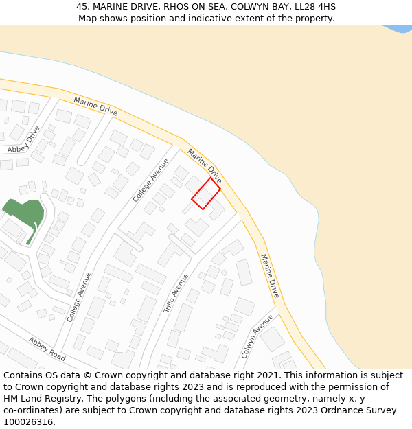 45, MARINE DRIVE, RHOS ON SEA, COLWYN BAY, LL28 4HS: Location map and indicative extent of plot