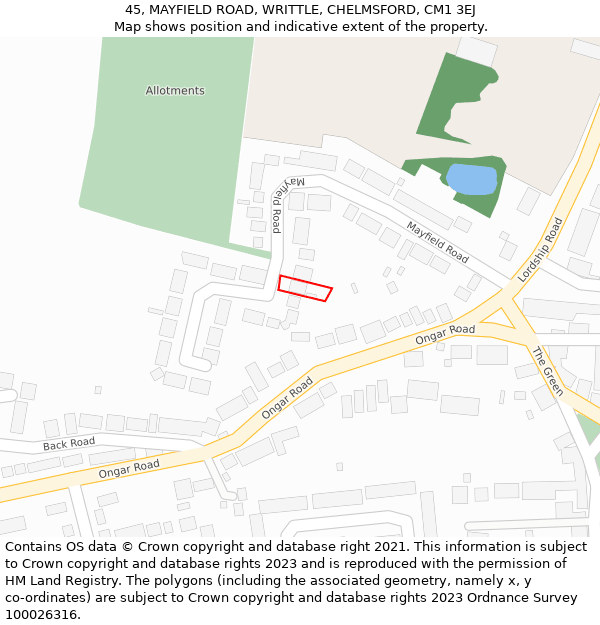 45, MAYFIELD ROAD, WRITTLE, CHELMSFORD, CM1 3EJ: Location map and indicative extent of plot