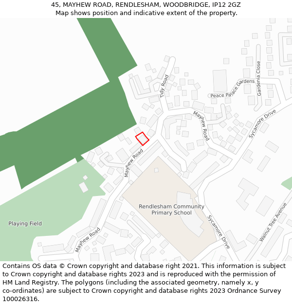 45, MAYHEW ROAD, RENDLESHAM, WOODBRIDGE, IP12 2GZ: Location map and indicative extent of plot