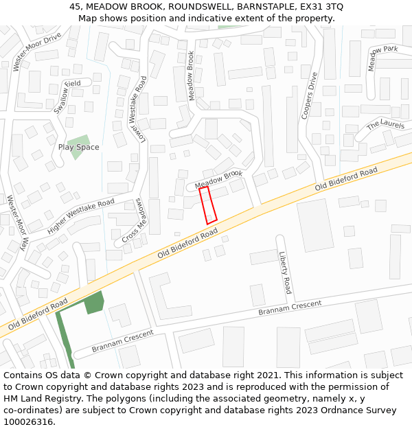 45, MEADOW BROOK, ROUNDSWELL, BARNSTAPLE, EX31 3TQ: Location map and indicative extent of plot