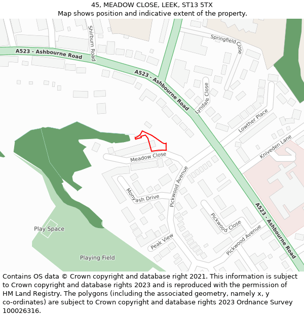 45, MEADOW CLOSE, LEEK, ST13 5TX: Location map and indicative extent of plot