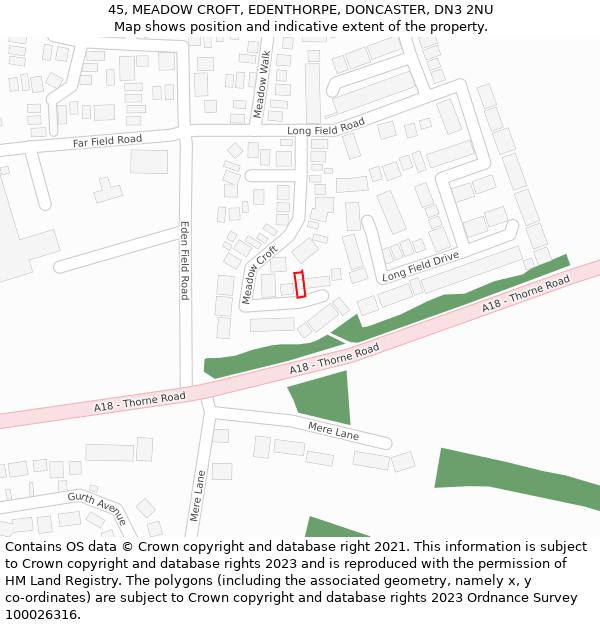 45, MEADOW CROFT, EDENTHORPE, DONCASTER, DN3 2NU: Location map and indicative extent of plot