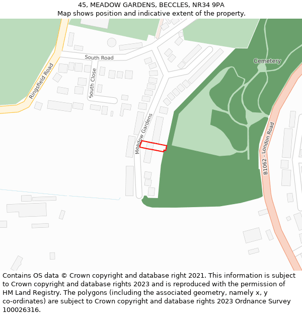 45, MEADOW GARDENS, BECCLES, NR34 9PA: Location map and indicative extent of plot