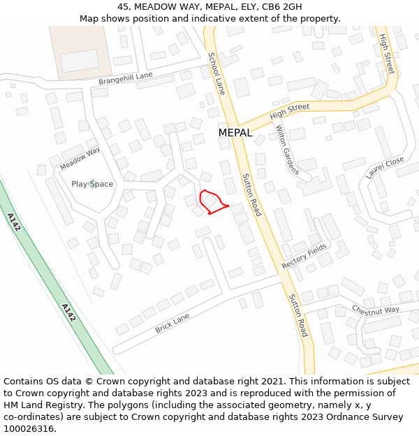 45, MEADOW WAY, MEPAL, ELY, CB6 2GH: Location map and indicative extent of plot