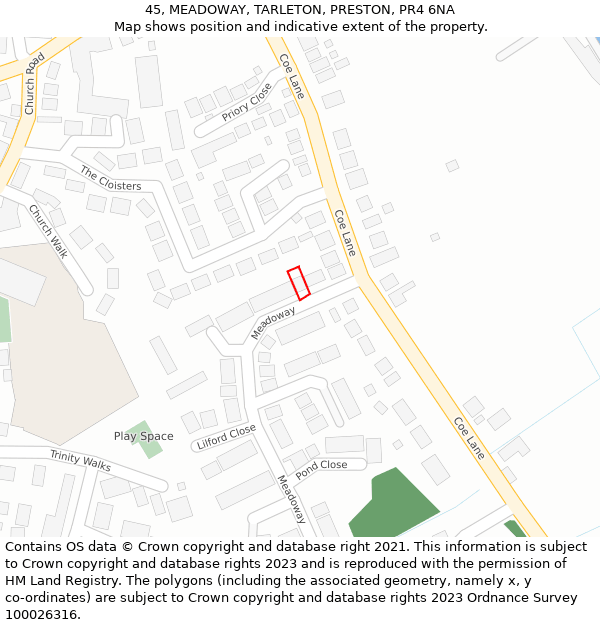 45, MEADOWAY, TARLETON, PRESTON, PR4 6NA: Location map and indicative extent of plot