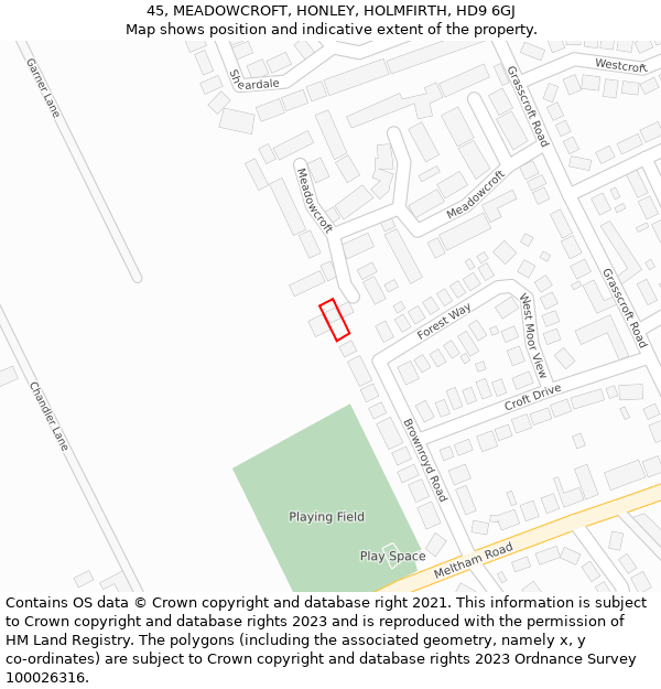 45, MEADOWCROFT, HONLEY, HOLMFIRTH, HD9 6GJ: Location map and indicative extent of plot