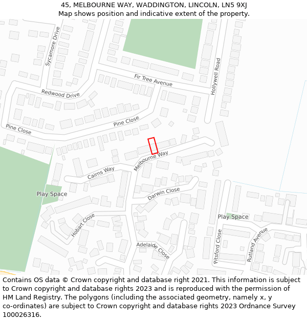 45, MELBOURNE WAY, WADDINGTON, LINCOLN, LN5 9XJ: Location map and indicative extent of plot