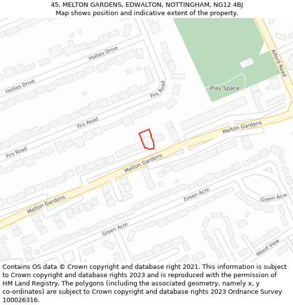 45, MELTON GARDENS, EDWALTON, NOTTINGHAM, NG12 4BJ: Location map and indicative extent of plot