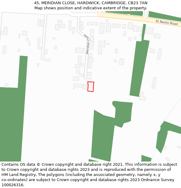 45, MERIDIAN CLOSE, HARDWICK, CAMBRIDGE, CB23 7AN: Location map and indicative extent of plot