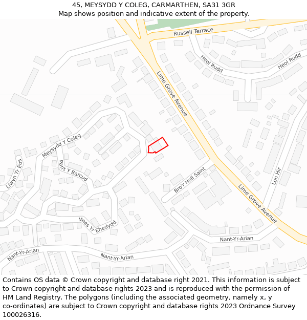 45, MEYSYDD Y COLEG, CARMARTHEN, SA31 3GR: Location map and indicative extent of plot