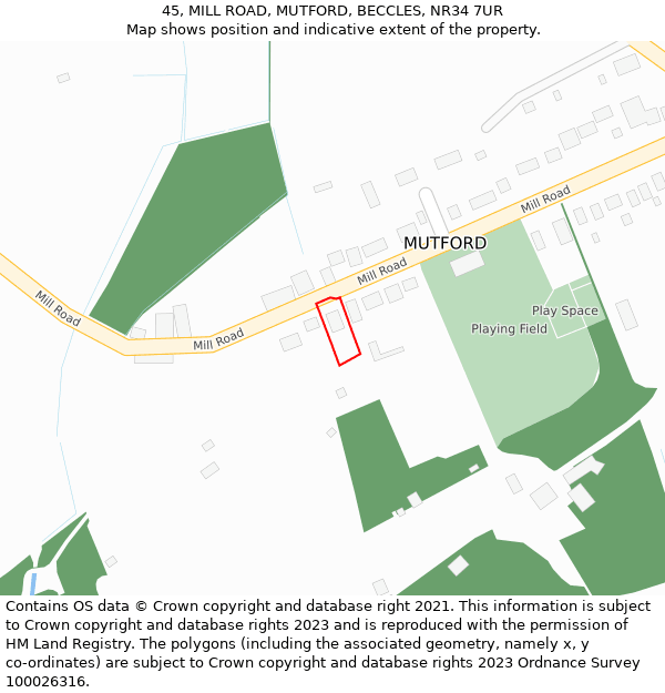 45, MILL ROAD, MUTFORD, BECCLES, NR34 7UR: Location map and indicative extent of plot