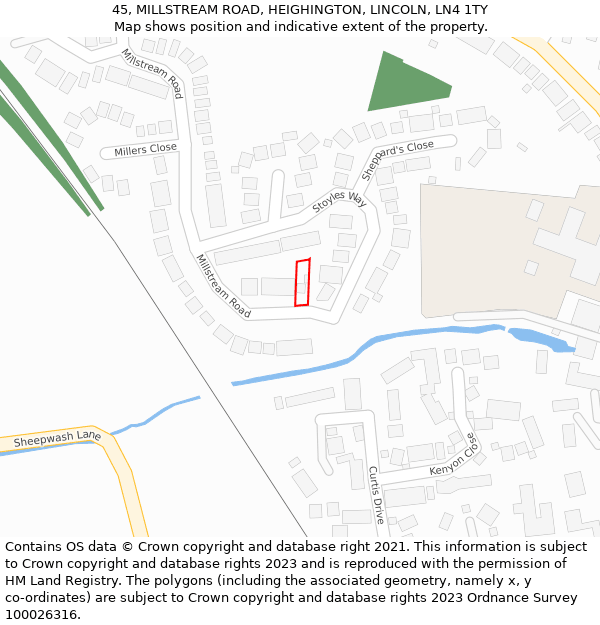 45, MILLSTREAM ROAD, HEIGHINGTON, LINCOLN, LN4 1TY: Location map and indicative extent of plot