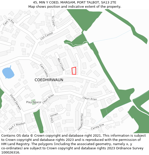 45, MIN Y COED, MARGAM, PORT TALBOT, SA13 2TE: Location map and indicative extent of plot