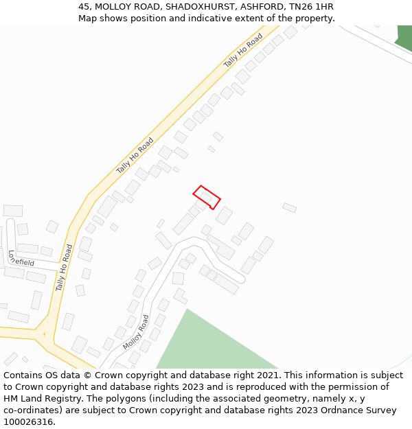 45, MOLLOY ROAD, SHADOXHURST, ASHFORD, TN26 1HR: Location map and indicative extent of plot