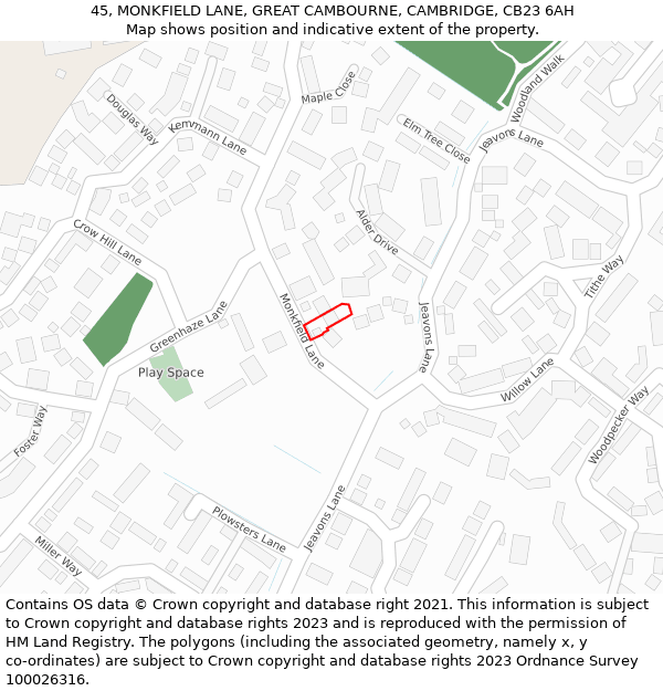 45, MONKFIELD LANE, GREAT CAMBOURNE, CAMBRIDGE, CB23 6AH: Location map and indicative extent of plot