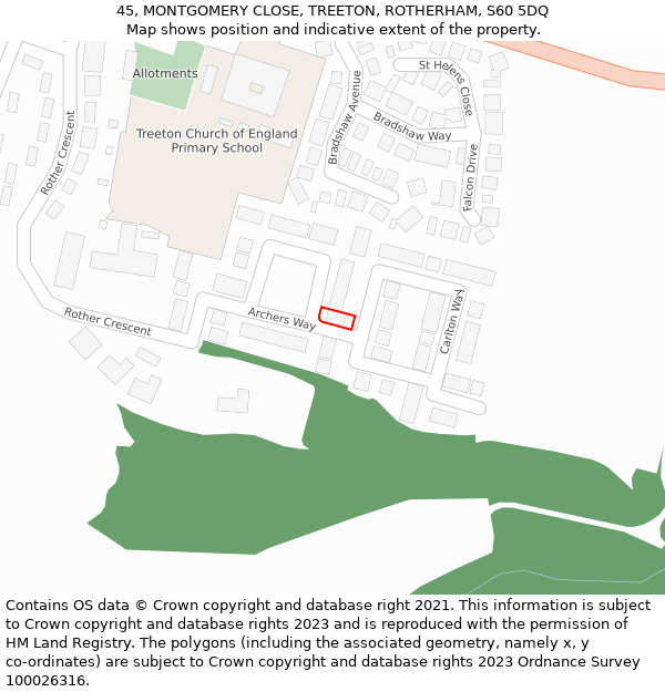 45, MONTGOMERY CLOSE, TREETON, ROTHERHAM, S60 5DQ: Location map and indicative extent of plot