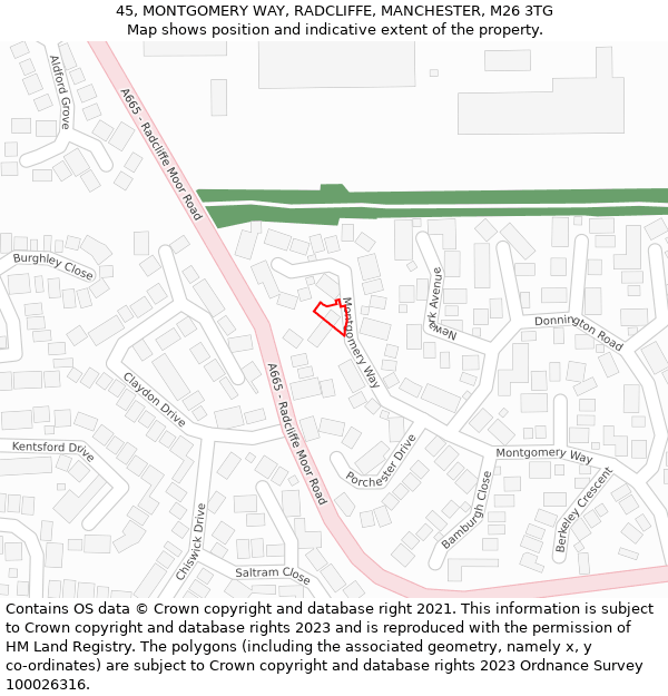 45, MONTGOMERY WAY, RADCLIFFE, MANCHESTER, M26 3TG: Location map and indicative extent of plot