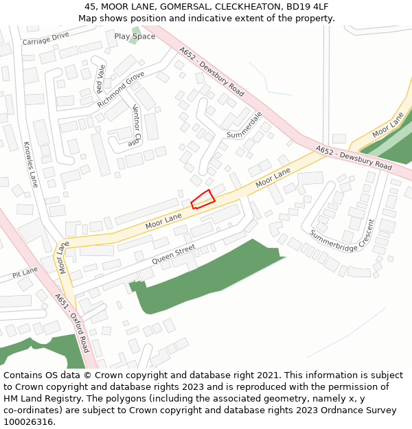 45, MOOR LANE, GOMERSAL, CLECKHEATON, BD19 4LF: Location map and indicative extent of plot