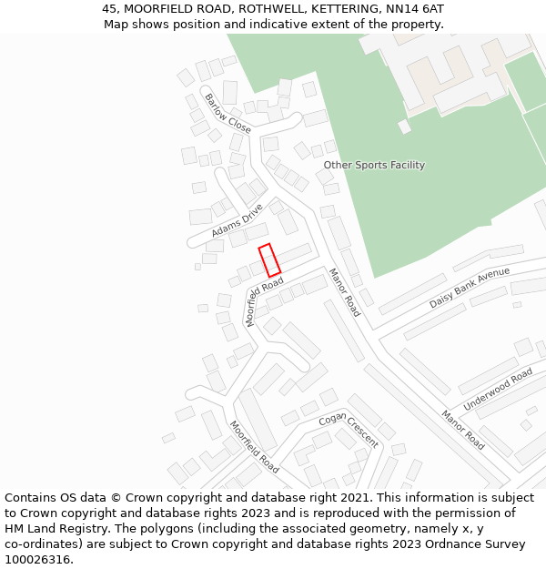45, MOORFIELD ROAD, ROTHWELL, KETTERING, NN14 6AT: Location map and indicative extent of plot