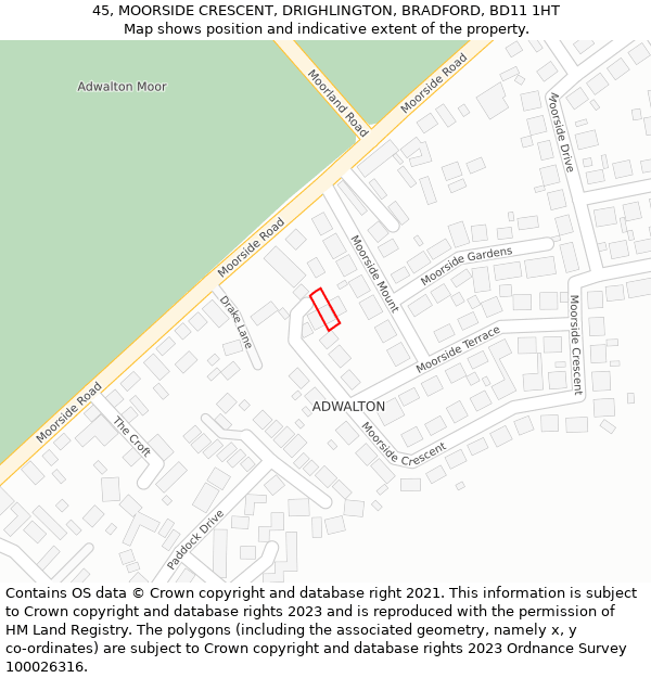 45, MOORSIDE CRESCENT, DRIGHLINGTON, BRADFORD, BD11 1HT: Location map and indicative extent of plot