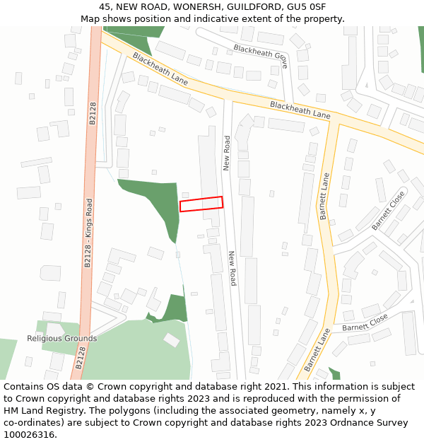 45, NEW ROAD, WONERSH, GUILDFORD, GU5 0SF: Location map and indicative extent of plot