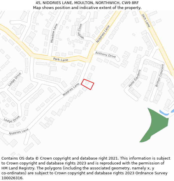 45, NIDDRIES LANE, MOULTON, NORTHWICH, CW9 8RF: Location map and indicative extent of plot