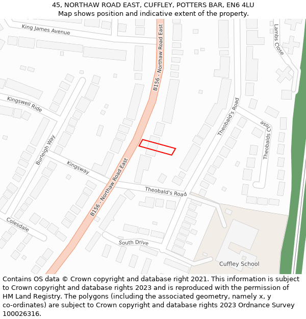 45, NORTHAW ROAD EAST, CUFFLEY, POTTERS BAR, EN6 4LU: Location map and indicative extent of plot