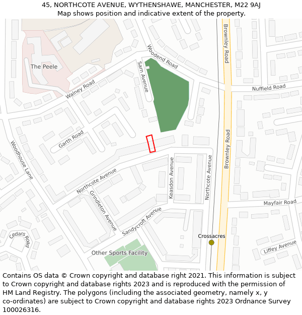 45, NORTHCOTE AVENUE, WYTHENSHAWE, MANCHESTER, M22 9AJ: Location map and indicative extent of plot