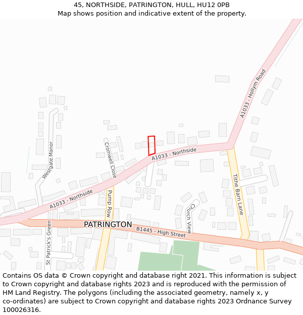 45, NORTHSIDE, PATRINGTON, HULL, HU12 0PB: Location map and indicative extent of plot