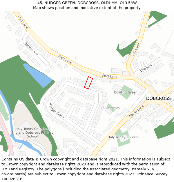 45, NUDGER GREEN, DOBCROSS, OLDHAM, OL3 5AW: Location map and indicative extent of plot