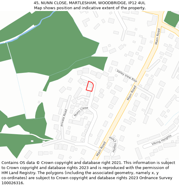 45, NUNN CLOSE, MARTLESHAM, WOODBRIDGE, IP12 4UL: Location map and indicative extent of plot