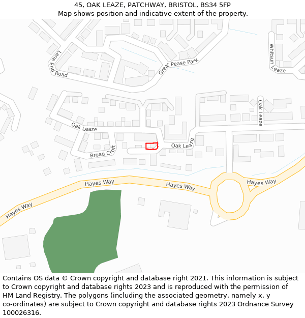 45, OAK LEAZE, PATCHWAY, BRISTOL, BS34 5FP: Location map and indicative extent of plot