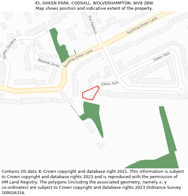 45, OAKEN PARK, CODSALL, WOLVERHAMPTON, WV8 2BW: Location map and indicative extent of plot