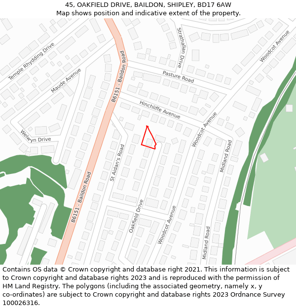 45, OAKFIELD DRIVE, BAILDON, SHIPLEY, BD17 6AW: Location map and indicative extent of plot