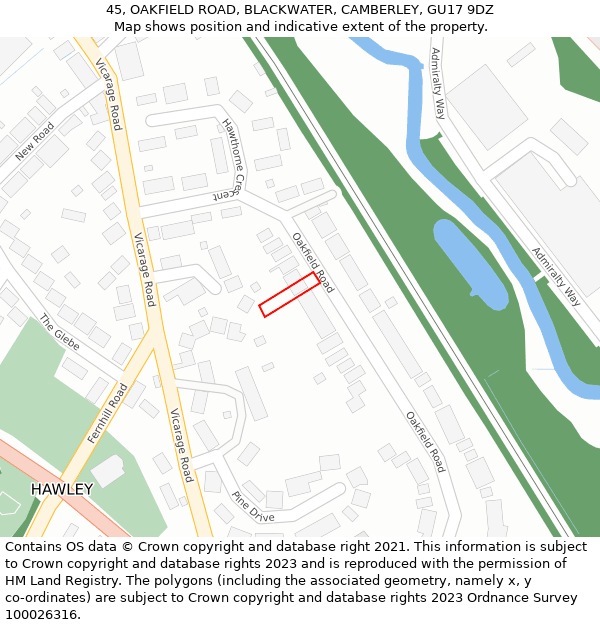 45, OAKFIELD ROAD, BLACKWATER, CAMBERLEY, GU17 9DZ: Location map and indicative extent of plot