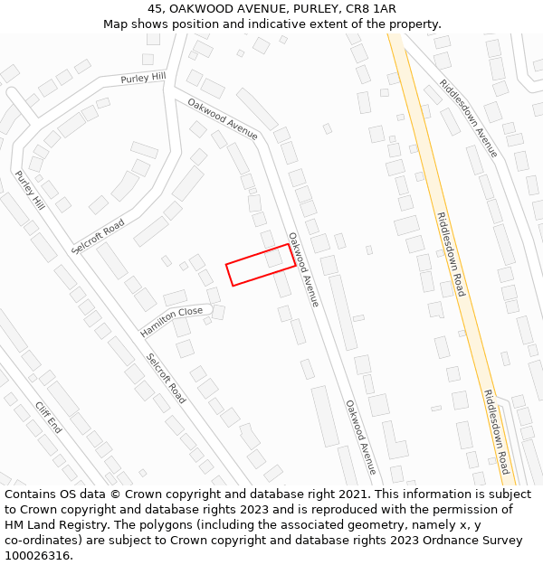 45, OAKWOOD AVENUE, PURLEY, CR8 1AR: Location map and indicative extent of plot