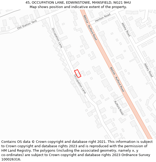 45, OCCUPATION LANE, EDWINSTOWE, MANSFIELD, NG21 9HU: Location map and indicative extent of plot