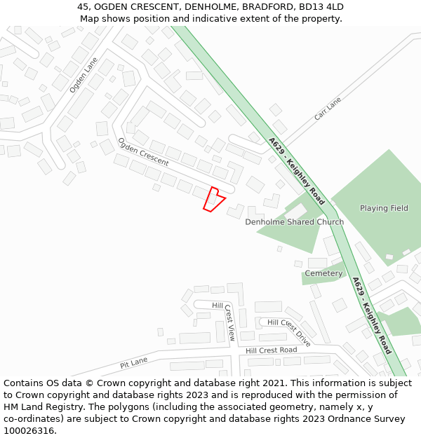 45, OGDEN CRESCENT, DENHOLME, BRADFORD, BD13 4LD: Location map and indicative extent of plot