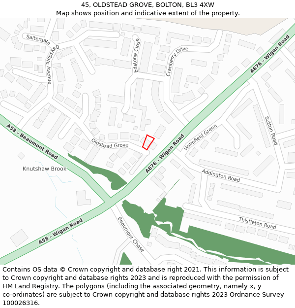 45, OLDSTEAD GROVE, BOLTON, BL3 4XW: Location map and indicative extent of plot