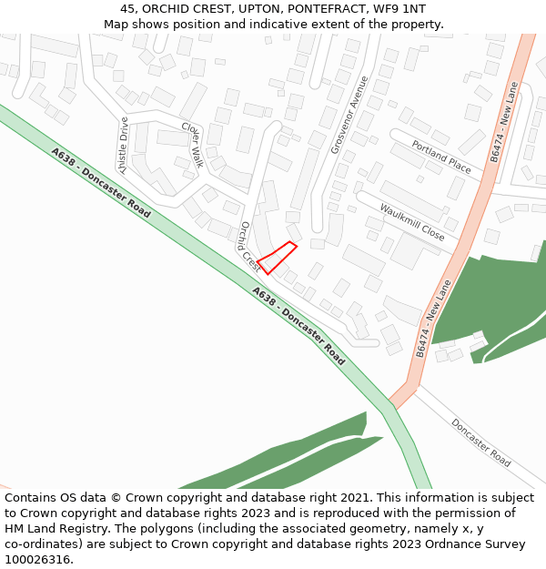 45, ORCHID CREST, UPTON, PONTEFRACT, WF9 1NT: Location map and indicative extent of plot