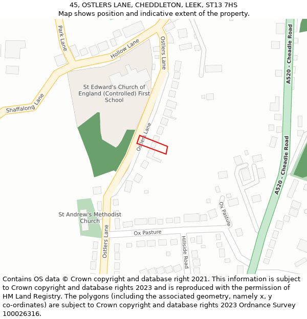 45, OSTLERS LANE, CHEDDLETON, LEEK, ST13 7HS: Location map and indicative extent of plot