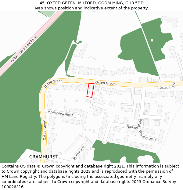 45, OXTED GREEN, MILFORD, GODALMING, GU8 5DD: Location map and indicative extent of plot