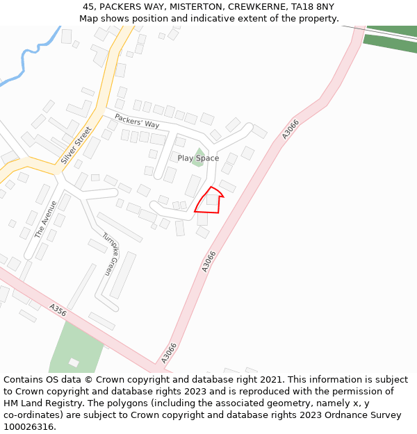 45, PACKERS WAY, MISTERTON, CREWKERNE, TA18 8NY: Location map and indicative extent of plot