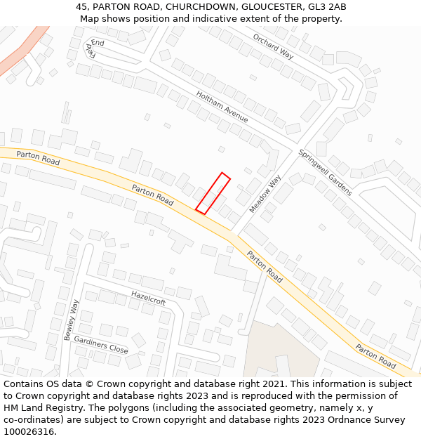 45, PARTON ROAD, CHURCHDOWN, GLOUCESTER, GL3 2AB: Location map and indicative extent of plot