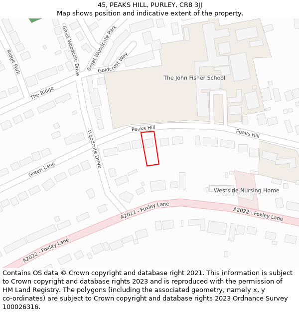 45, PEAKS HILL, PURLEY, CR8 3JJ: Location map and indicative extent of plot