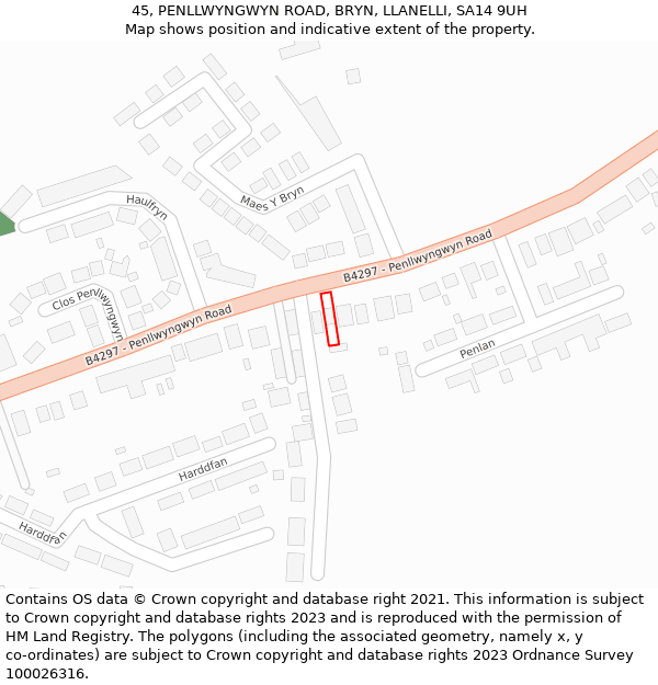 45, PENLLWYNGWYN ROAD, BRYN, LLANELLI, SA14 9UH: Location map and indicative extent of plot