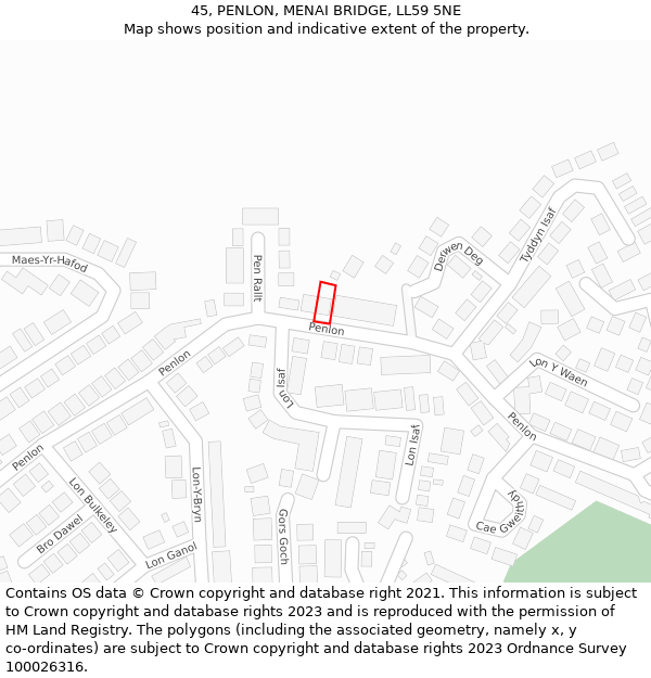 45, PENLON, MENAI BRIDGE, LL59 5NE: Location map and indicative extent of plot